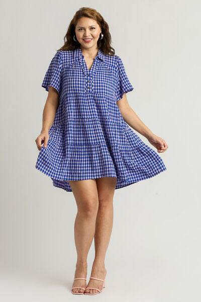 Umgee Gingham Tiered Button Detail Short Sleeve Dress Plus Size - us.meeeshop