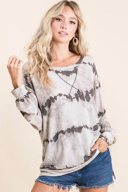 BiBi Tie-Dye French Terry Round Neck Long Sleeve T-Shirt