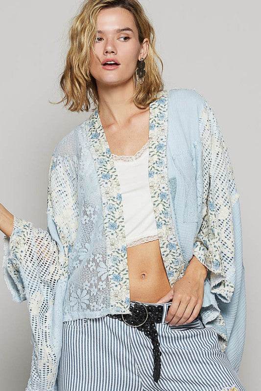 POL Floral Lace Crochet Patch Open Front Double Gauze Cardigan - us.meeeshop