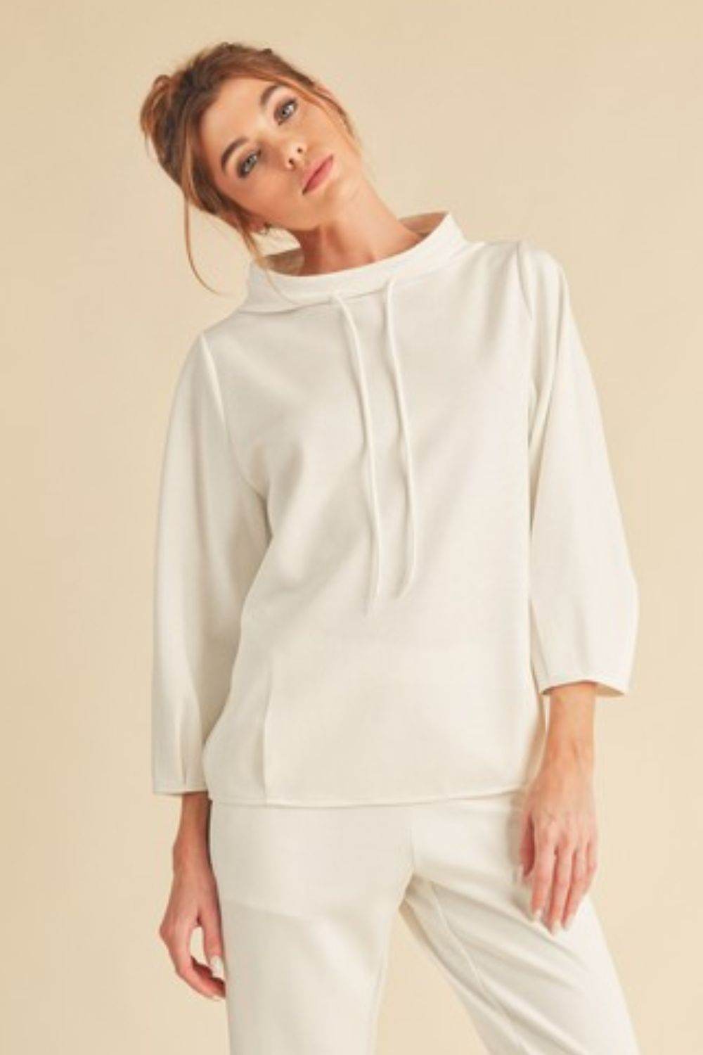 Aemi + Co Lightweight Drawstring Mock Neck Sweatshirt in White - us.meeeshop