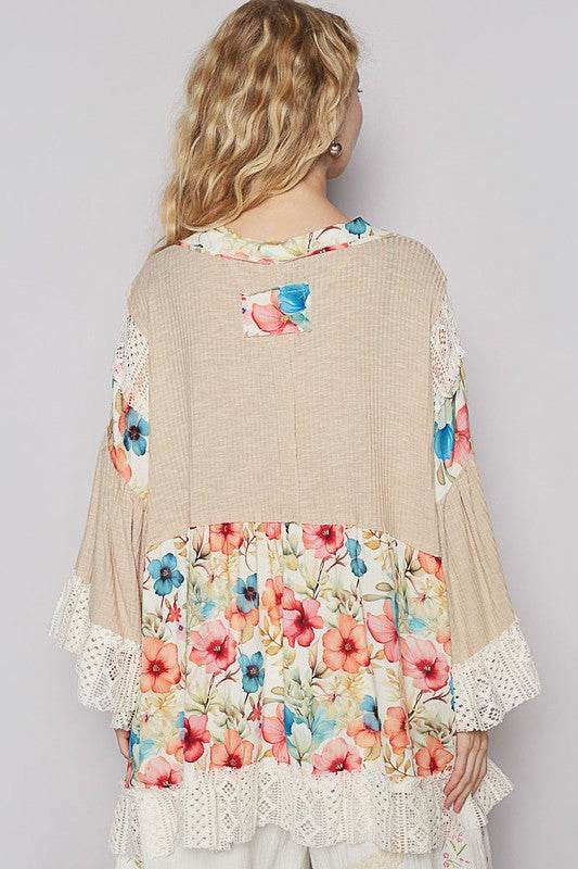 POL Floral Crochet Detail Open Front 3/4 Sleeve Cardigan in Tan - us.meeeshop