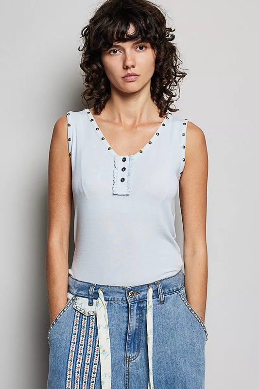 pol studded trim Pol Studded Trim Button-front Ruffle Detail Tank BABY BLUE (top) - shop at us.meeeshop