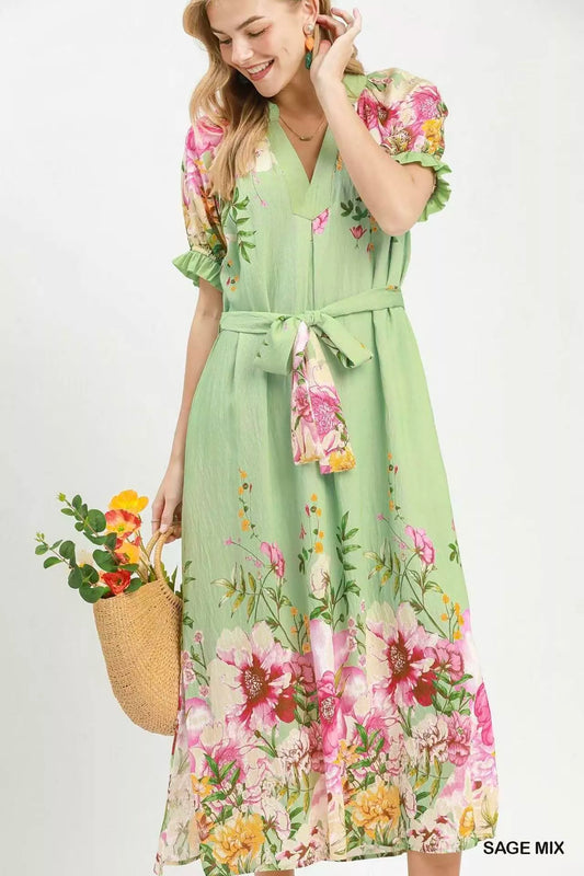 umgee mix floral Umgee Mix Floral Border Print Midi Dress SAGE MIX (dress) - shop at us.meeeshop
