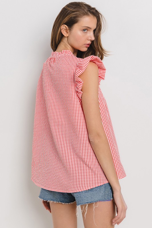 Ces Femme Plaid Notched Ruffled Cap Sleeve Blouse - us.meeeshop