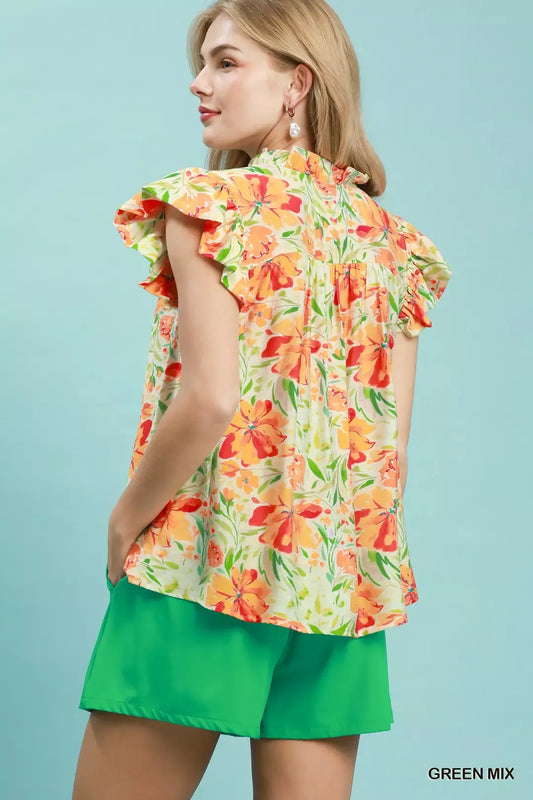 umgee smocked yoke Umgee Smocked Yoke Ruffle Sleeve Floral Blouse view 2 (top) - shop at us.meeeshop