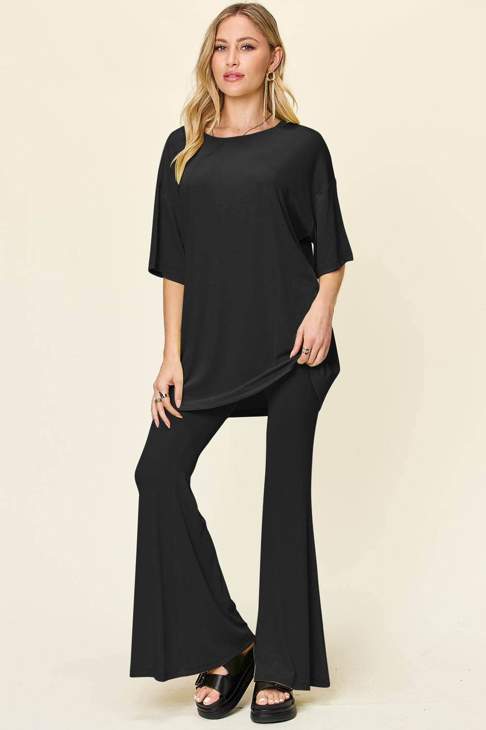 Double Take Full Size Round Neck Drop Shoulder T-Shirt and Flare Pants Set - us.meeeshop