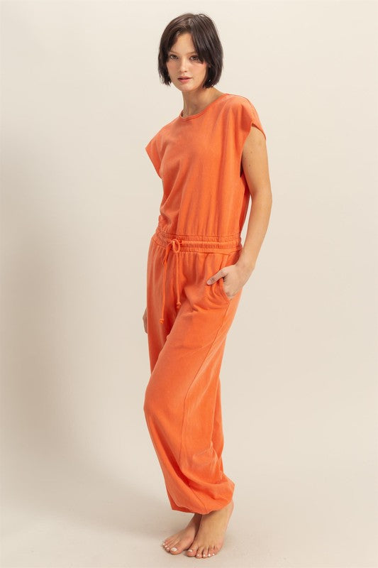 HYFVE Back Keyhole Round Neck Cap Sleeve Drawstring Jumpsuit in Orange - us.meeeshop