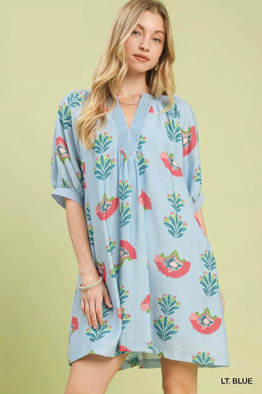 umgee abstract print Umgee Abstract Print Mini Dress LT. BLUE (dress) - shop at us.meeeshop