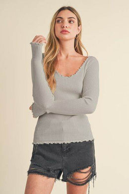 Aemi + Co Lettuce Hem Scoop Neck Long Sleeve Knit Top