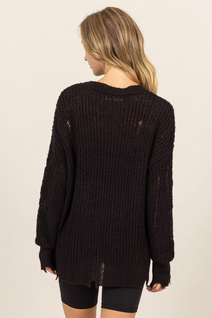 HYFVE Distressed Long Sleeve Knit Top In Black