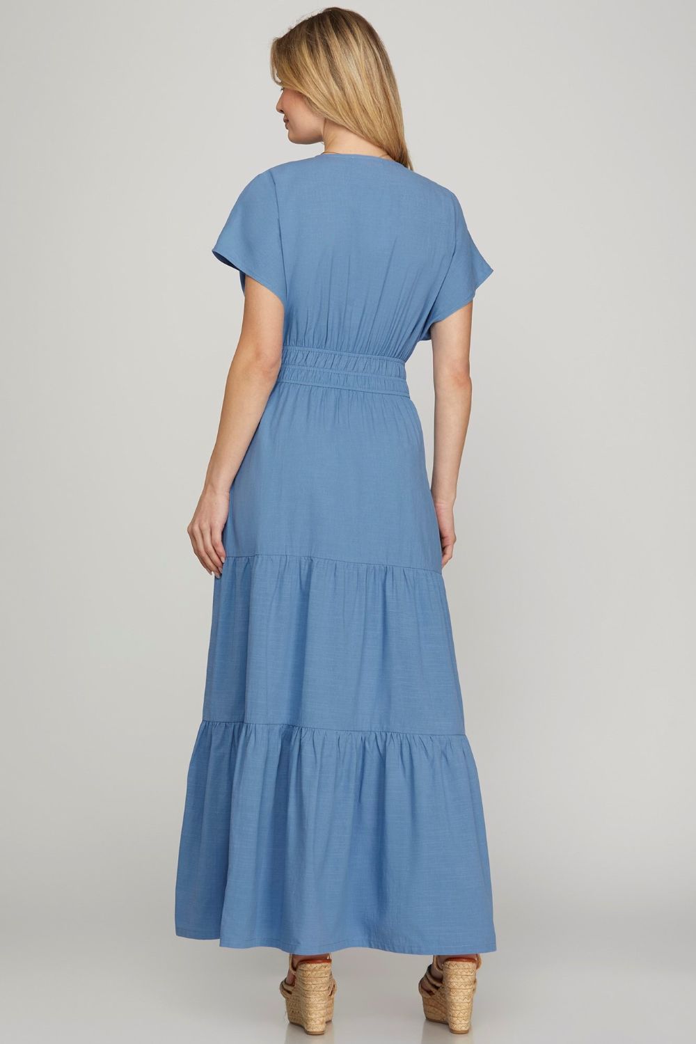 She + Sky Surplice Short Sleeve Tiered Maxi Dress With Pockets - us.meeeshop