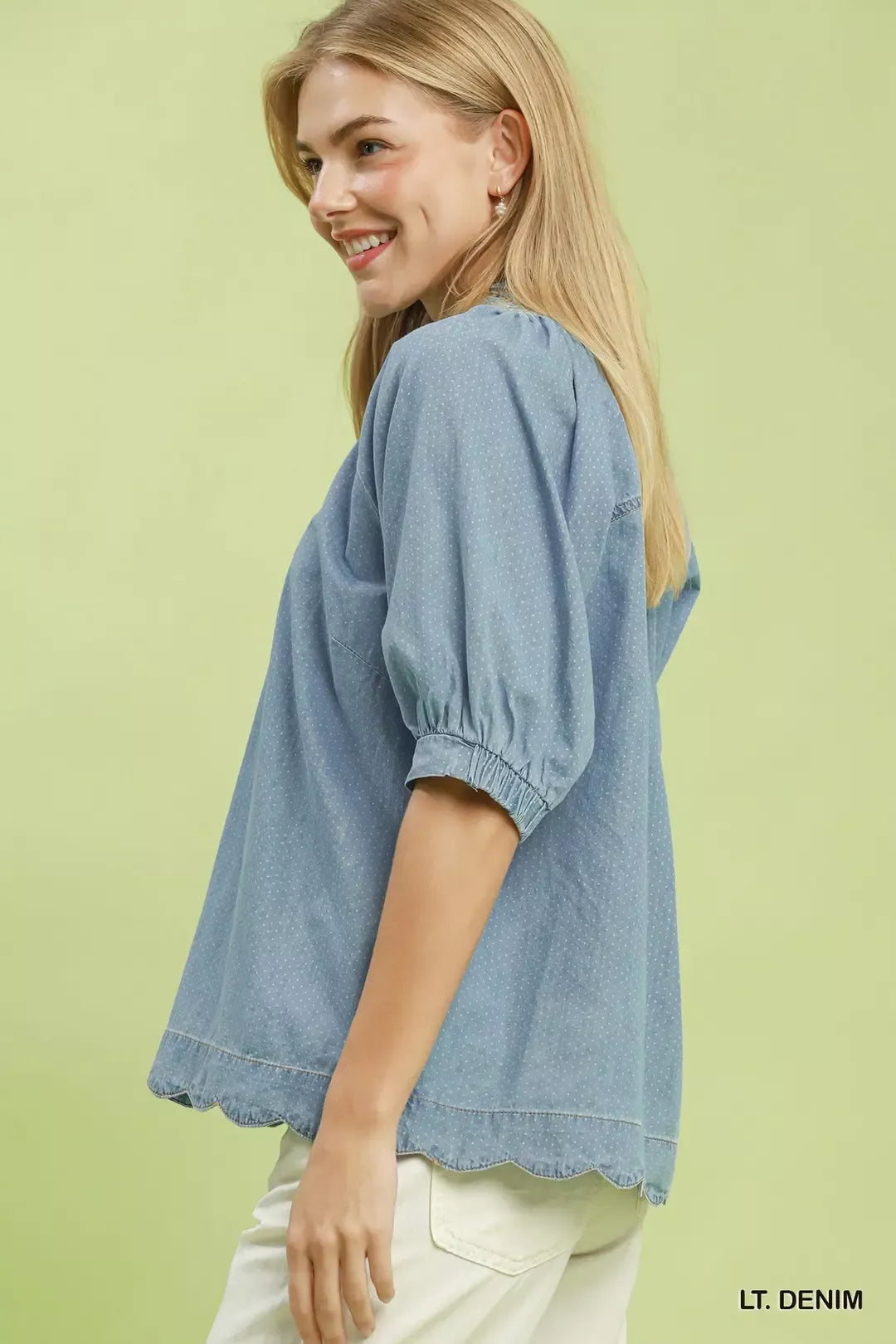 umgee textured puff Umgee Textured Puff Sleeve Scallop Hem Blouse view 2 (top) - shop at us.meeeshop