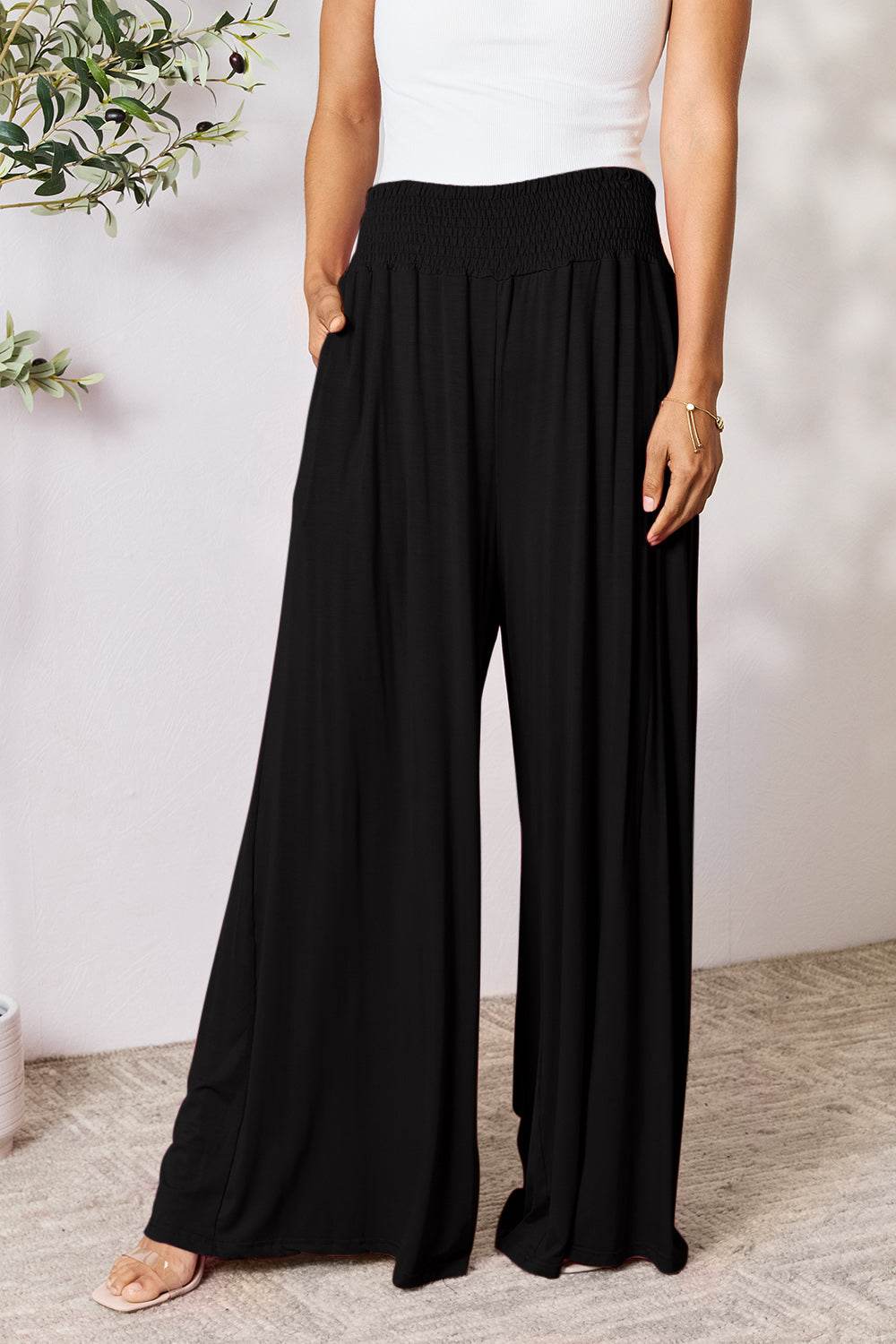 Double Take Full Size Smocked Wide Waistband Wide Leg Pants - us.meeeshop