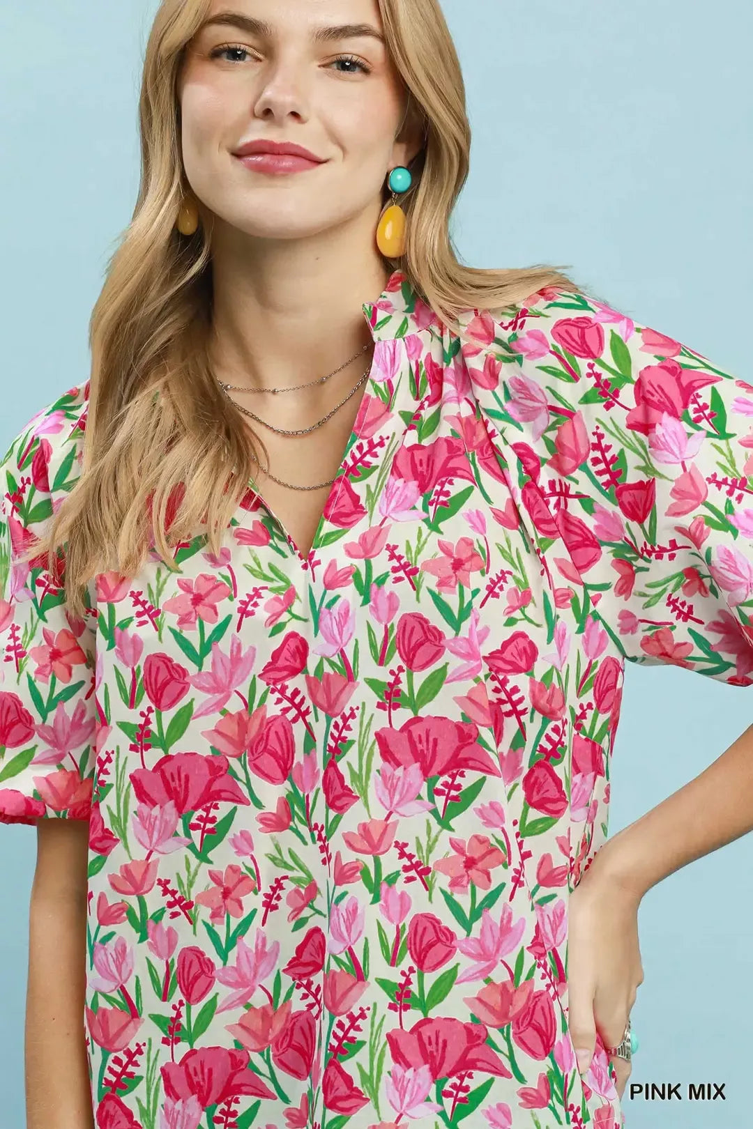 umgee floral puff Umgee Floral Puff Sleeve Blouse with Scalloped Details view 5 (top) - shop at us.meeeshop