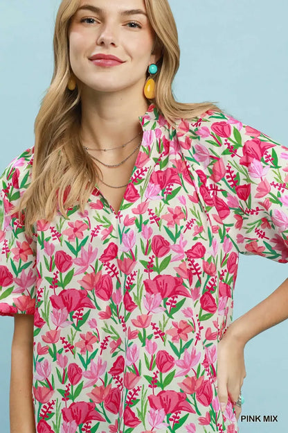 umgee floral puff Umgee Floral Puff Sleeve Blouse with Scalloped Details view 5 (top) - shop at us.meeeshop