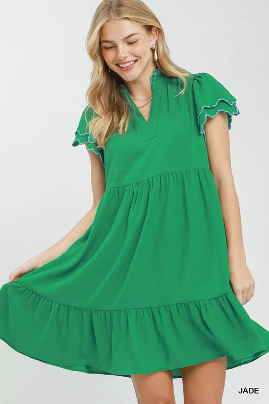 umgee scallop flutter Umgee Scallop Flutter Sleeve Tiered Mini Dress JADE (dress) - shop at us.meeeshop