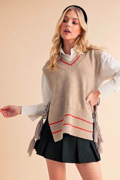 Aemi + Co Ribbed V-Neck Sweater Vest with Tassel - us.meeeshop