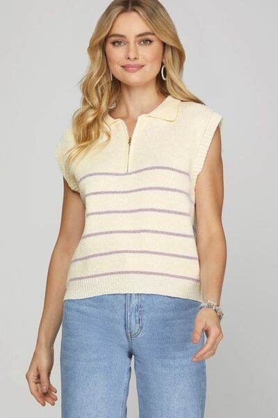 She + Sky Ribbed Hem Striped Half Zip Sweater Vest - us.meeeshop