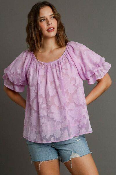 Umgee Jacquard Round Neck Ruffled Puff Sleeve Blouse Plus Size - us.meeeshop