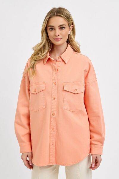 RISEN Button Down Long Sleeve Denim Shacket with Chest Pockets Plus Size - us.meeeshop