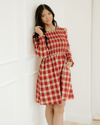 presley plaid print Presley Plaid Print Smocked Puff Sleeve Mini Dress Red (dress) - shop at us.meeeshop