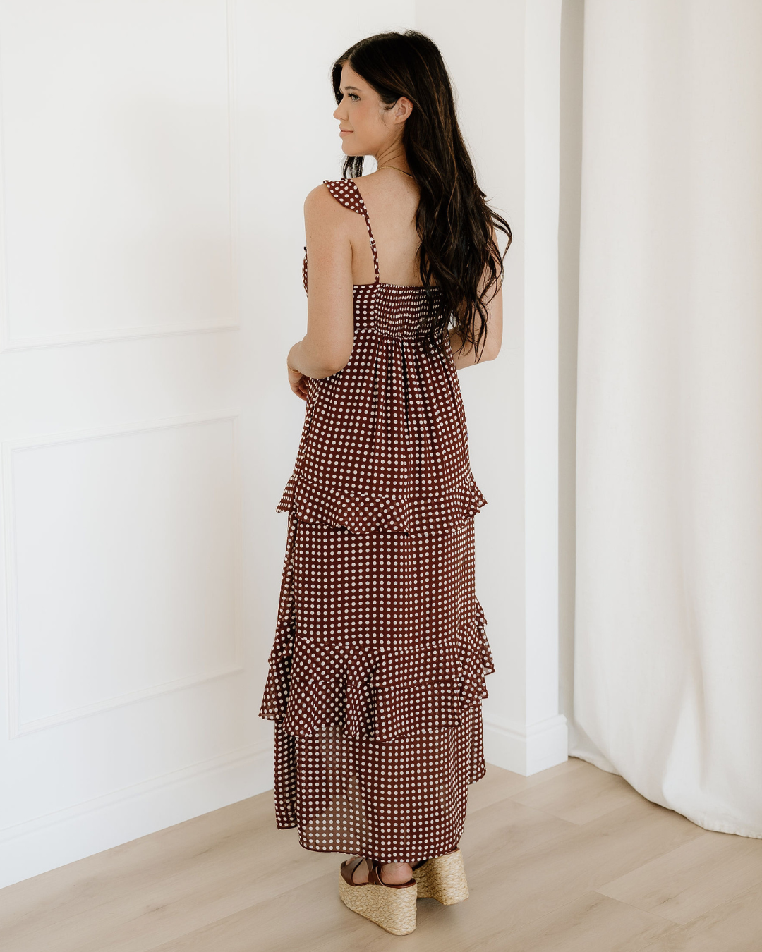 irene coffee polka Irene Coffee Polka Dot Print Backless Ruffled Tiered Maxi Dress view 8 (dress) - shop at us.meeeshop