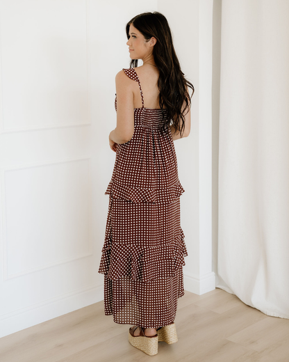 irene coffee polka Irene Coffee Polka Dot Print Backless Ruffled Tiered Maxi Dress view 8 (dress) - shop at us.meeeshop