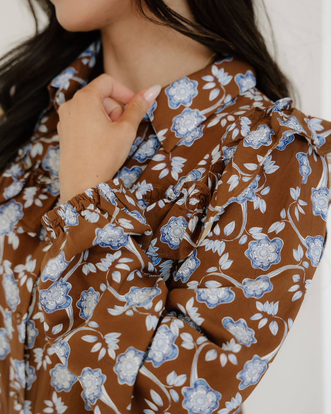 luella floral print Luella Floral Print Ruffled Detail Shirt Collar Button Down Long Sleeve Dress view 6 (dress) - shop at us