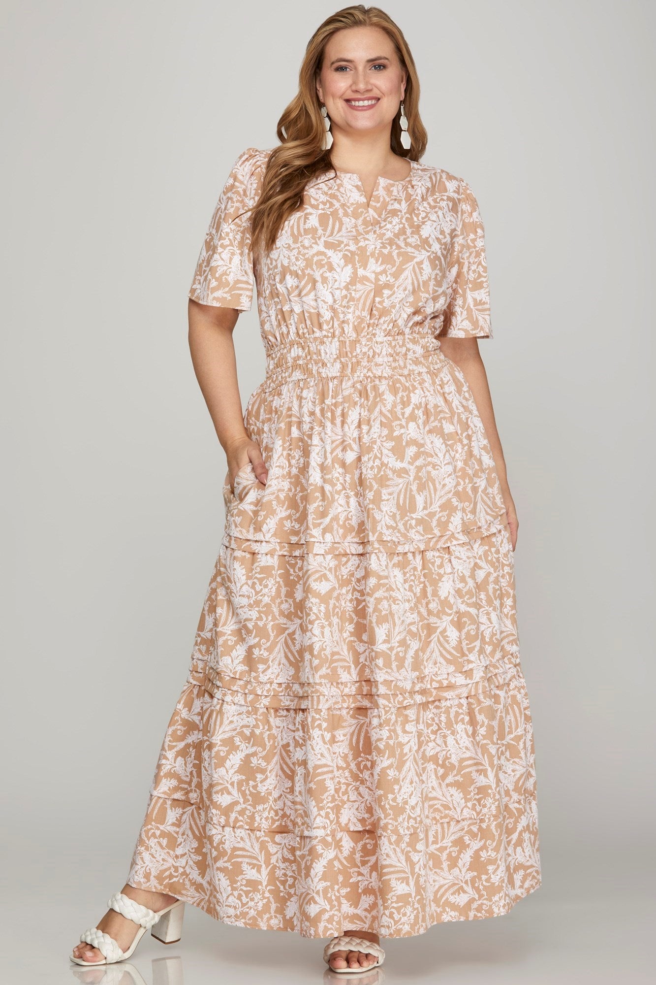 She + Sky Printed Notched Woven Tiered Pintuck Maxi Dress with Side Pockets - us.meeeshop