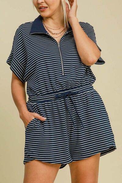 Umgee Half Zip Striped Romper Plus Size - us.meeeshop