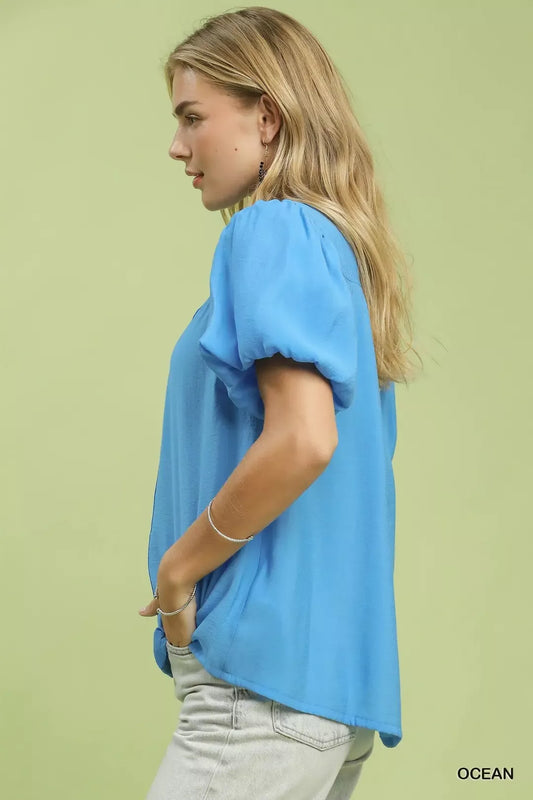 Umgee Button-Down Puff Sleeve Shirt (women's shirts & tops) view 2 - shop at us.meeeshop