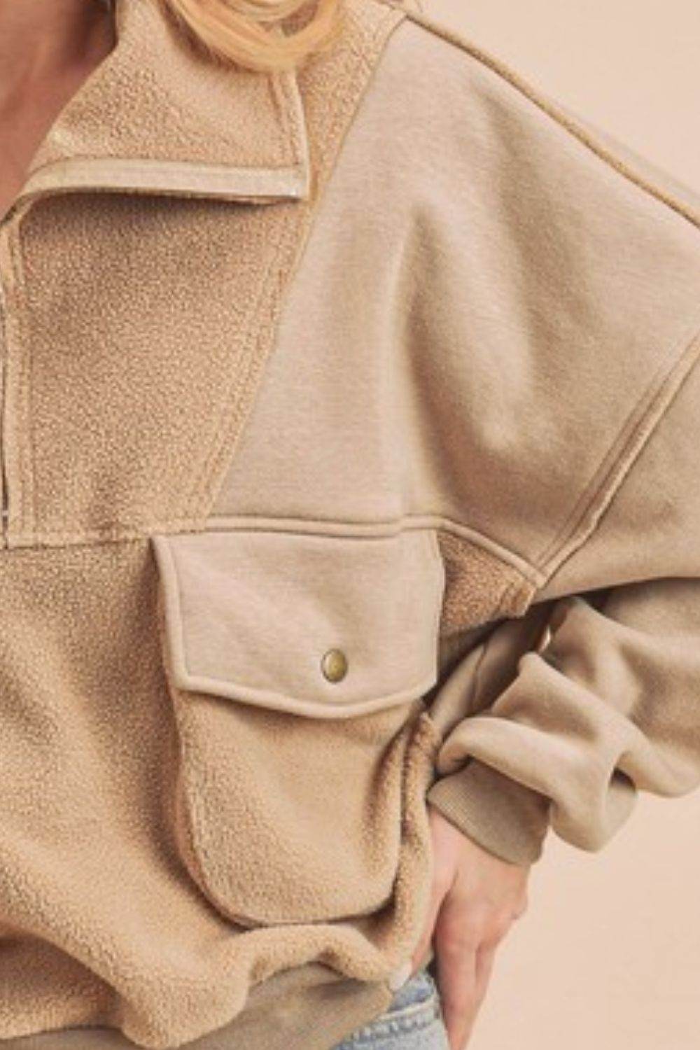 Aemi + Co Exposed Seam Half Zip Sweatshirt with Pockets in Oatmeal - us.meeeshop