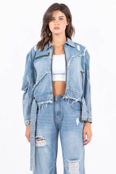 American Bazi Distressed Frayed Edge Zip Up Denim Jacket Plus Size - us.meeeshop