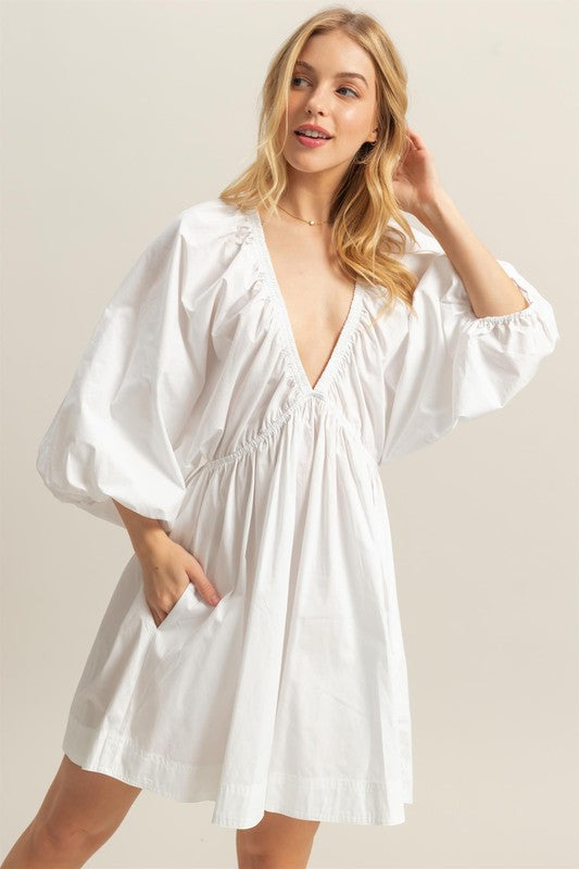 HYFVE Plunge Balloon Sleeve Poplin Mini Dress with Pockets - us.meeeshop