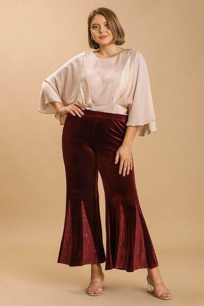 Umgee Sequin Elastic Waist Velvet Stretch Flare Leg Pants Plus Size - us.meeeshop