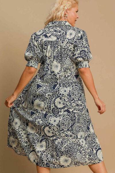 Umgee Printed Smocked Cuff Puff Sleeve Midi Dress Plus Size - us.meeeshop