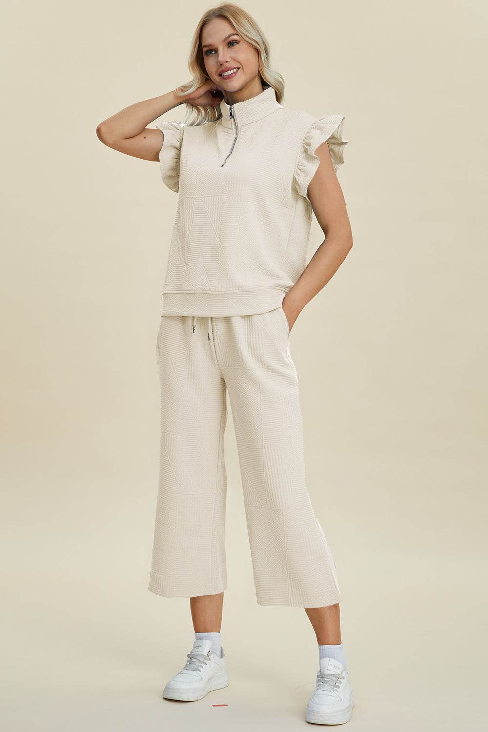 Double Take Full Size Texture Ruffle Short Sleeve Top and Wide Leg Pants Set - us.meeeshop