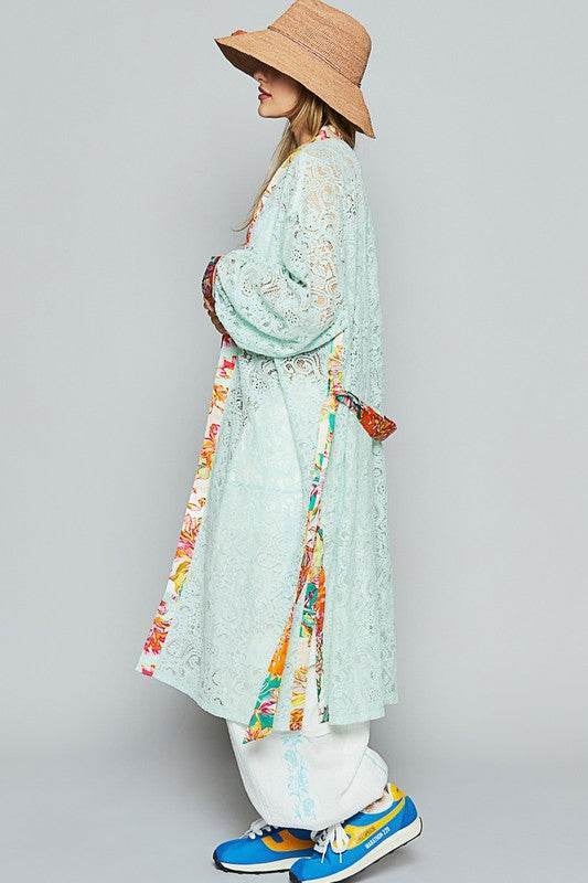 POL Floral Trim Lace Open Front Longline Cardigan in PALE MINT - us.meeeshop