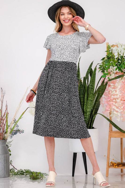 Celeste Plus Size Two Tone Polka Dot Flutter Sleeve Midi Dress - us.meeeshop