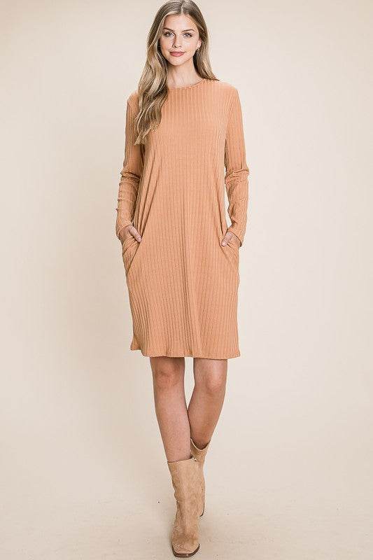 BOMBOM Round Neck Long Sleeve Ribbed Knit Dress - us.meeeshop