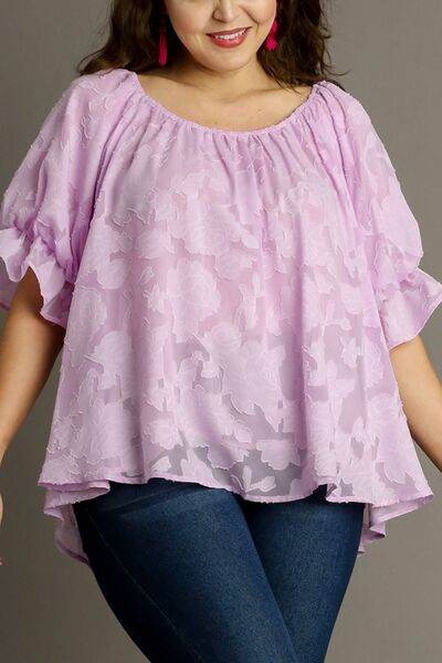 Umgee Jacquard Round Neck Ruffled Puff Sleeve Blouse Plus Size - us.meeeshop