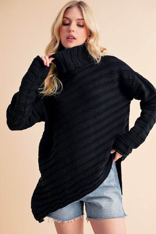 Aemi + Co Asymmetrical Side Slit Turtleneck Sweater - us.meeeshop