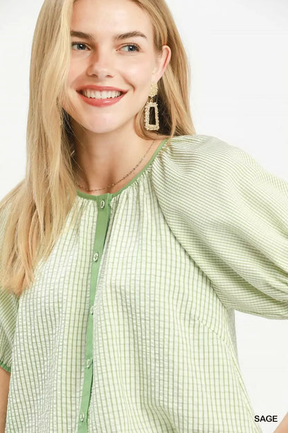 umgee checker puff Umgee Checker Puff Sleeve Button Front Blouse view 4 (top) - shop at us.meeeshop