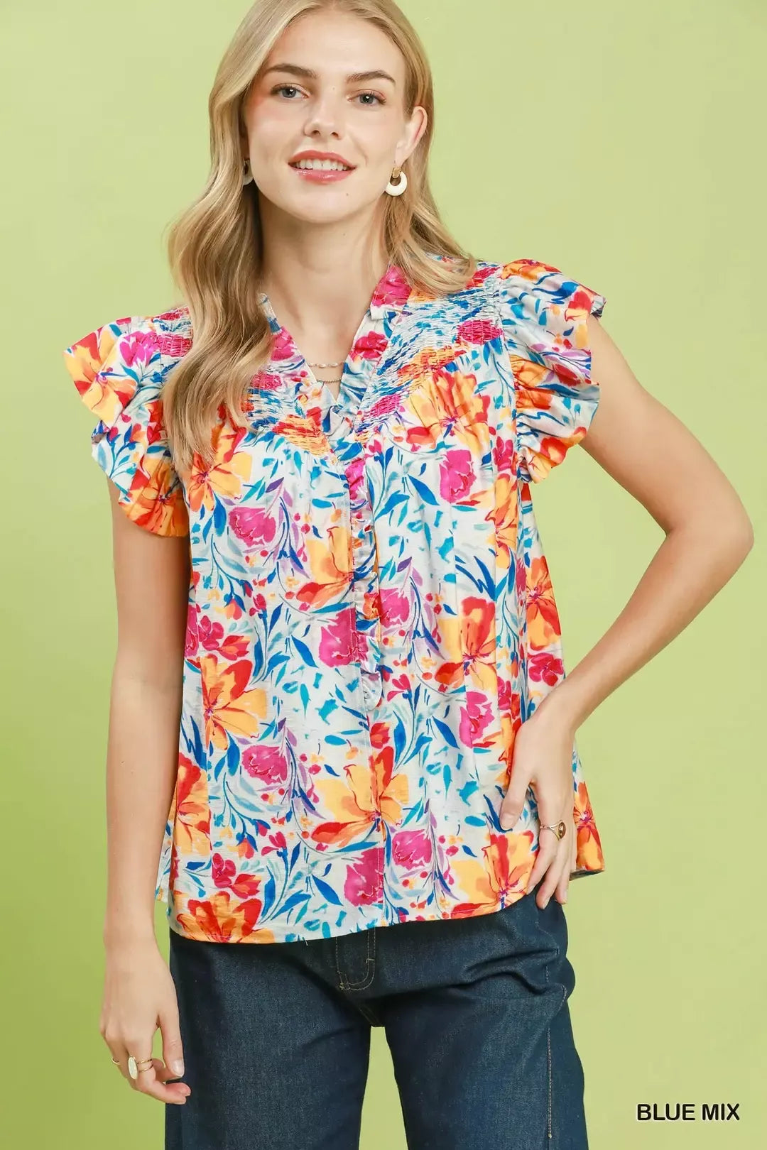 umgee smocked yoke Umgee Smocked Yoke Ruffle Sleeve Floral Blouse BLUE MIX (top) - shop at us.meeeshop
