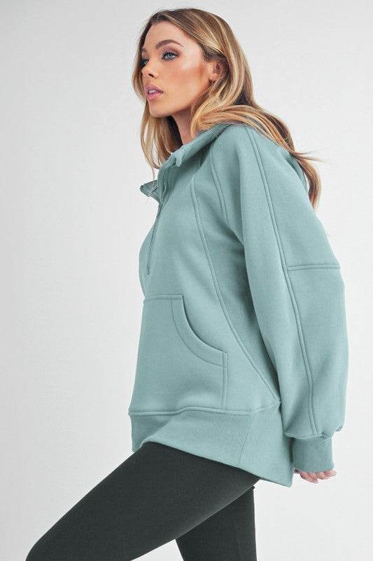 Aemi+Co Half Zip Raglan Sleeve Sweatshirt with Kangaroo Pocket - us.meeeshop