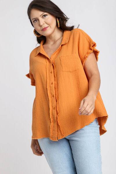 Umgee Frayed Hem Collared Neck Short Sleeve Shirt Plus Size - us.meeeshop