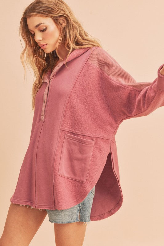 Aemi + Co Slit Half Snap Oversize Hoodie in Berry - us.meeeshop