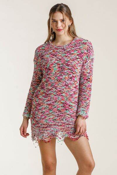 Umgee Distressed Hem Multicolored Round Neck Knit Tunic Dress Plus Size - us.meeeshop