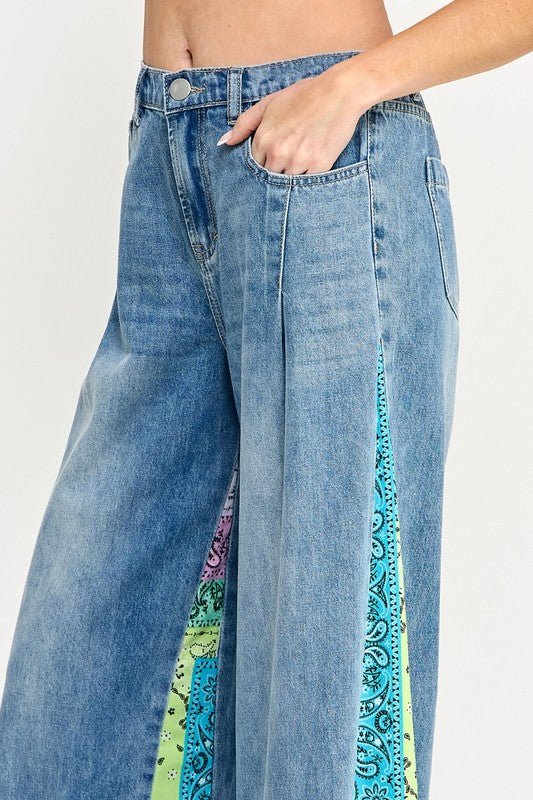 SAGE + FIG Raw Hem Paisley Print Side Wide Leg Jeans - us.meeeshop