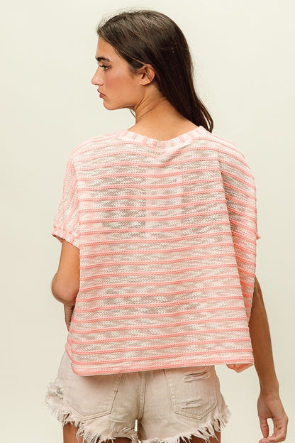 BiBi Braid Striped Short Sleeve Round Neck T-Shirt | us.meeeshop